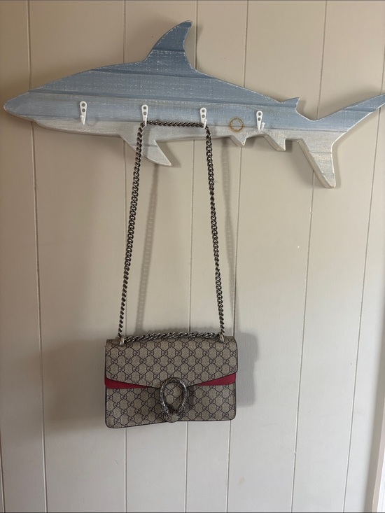 Gucci Handbags - Gucci Beige GG Supreme Shoulder Bag with Red Accent and Silver Chain